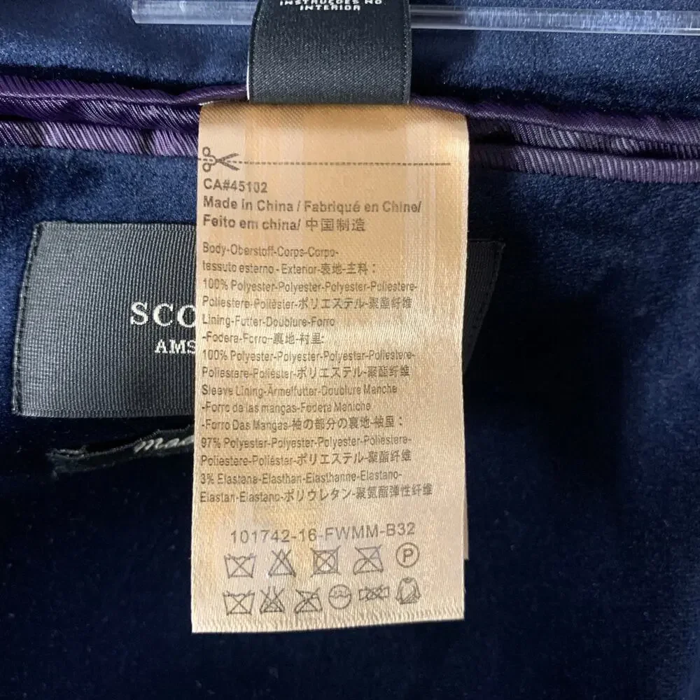 SCOTCH AND SODA Chest Size 38 Navy Velvet Polyester Peak Lapel Suit